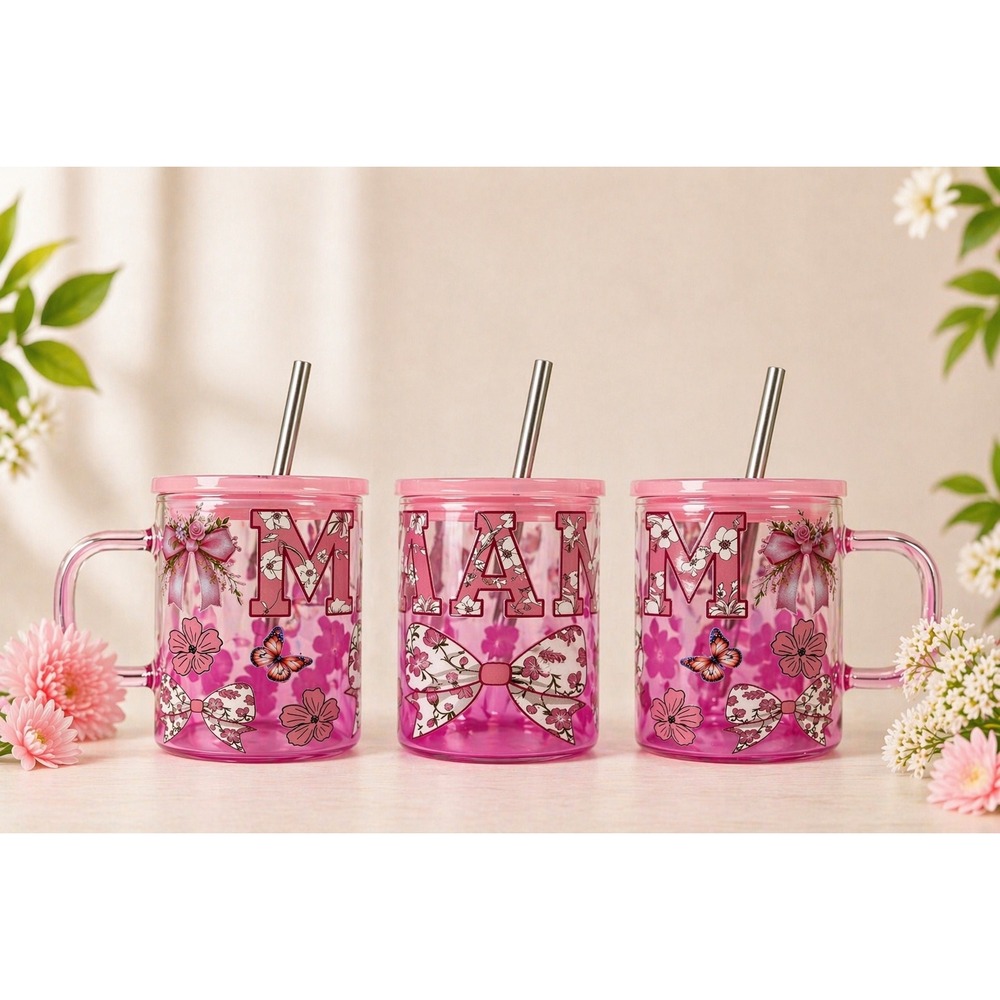 Mama Floral Glass Mug, Pink Bow Mug w/‎ Lid & Straw, Mom Gift